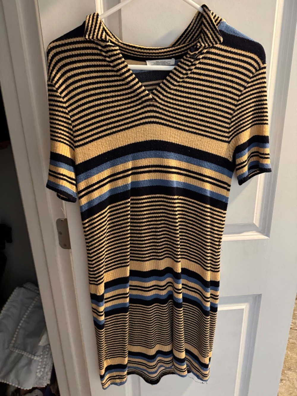 Zara Striped V-Neck Knit Dress in Navy, Mustard & Black